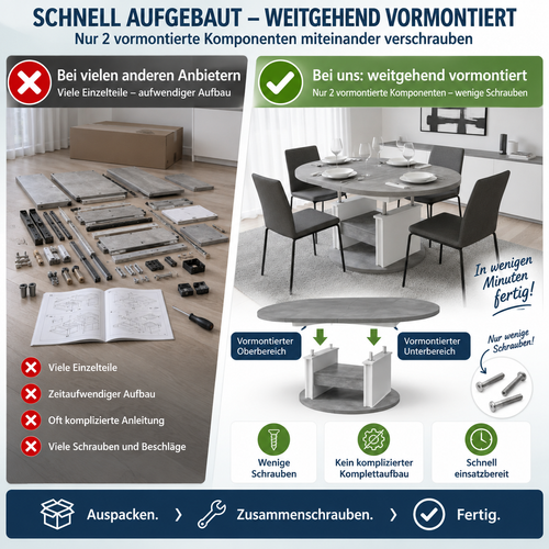 Design Couchtisch DA-999 rund 100 - 140cm ausziehbar höhenverstellbar mit Schublade und Ablage