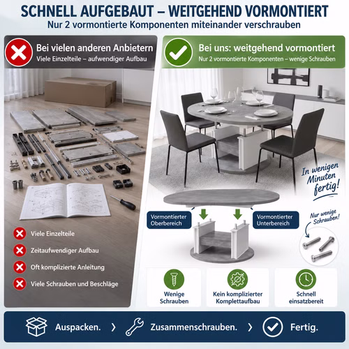Design Couchtisch DA-999 rund 100 - 140cm ausziehbar höhenverstellbar mit Schublade und Ablage