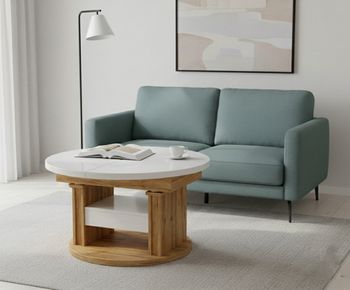 Design Couchtisch DA-999 rund 100 - 140cm ausziehbar höhenverstellbar mit Schublade und Ablage