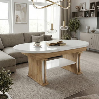 Design Couchtisch DA-130 oval 130 - 170cm ausziehbar höhenverstellbar mit Ablage