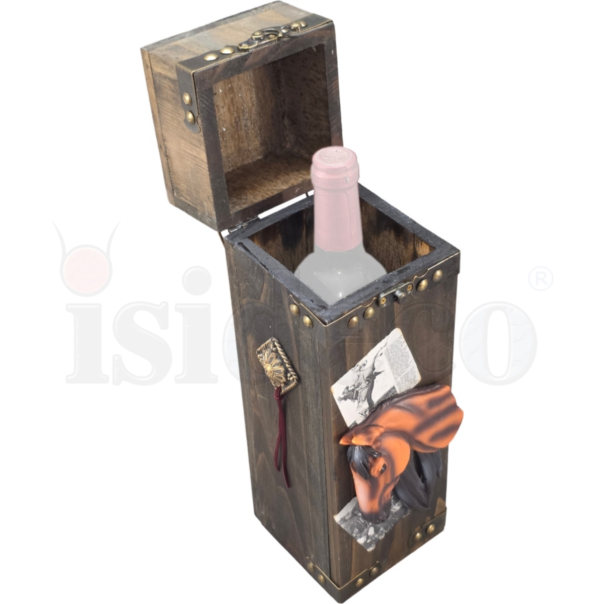 Western Holz Flaschenbox Pferd Flaschendose zum öffnen 35cm