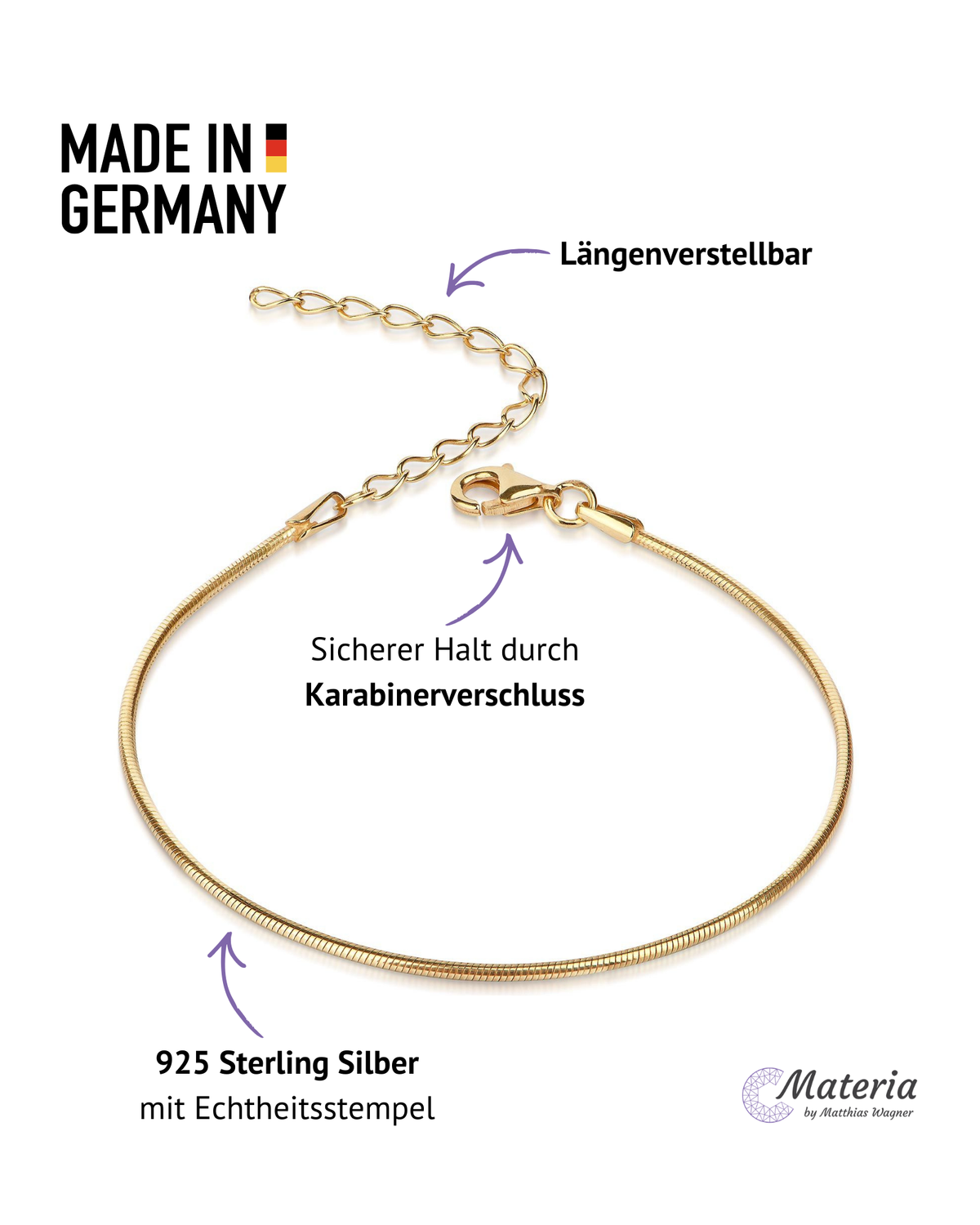 Technische Darstellung der vergoldeten 1,2 mm Schlangenkette aus 925 Silber mit Karabinerverschluss und Verlängerungskette