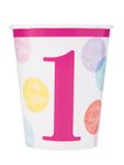 8 Becher 1. Geburtstag Mädchen Punkte