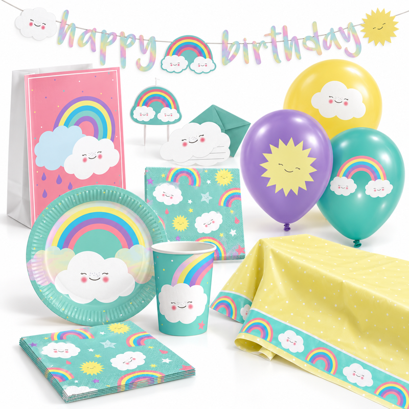 Deko-Beispiel aus dem Shop: Regenbogen & Wolke Partyset 61-teilig