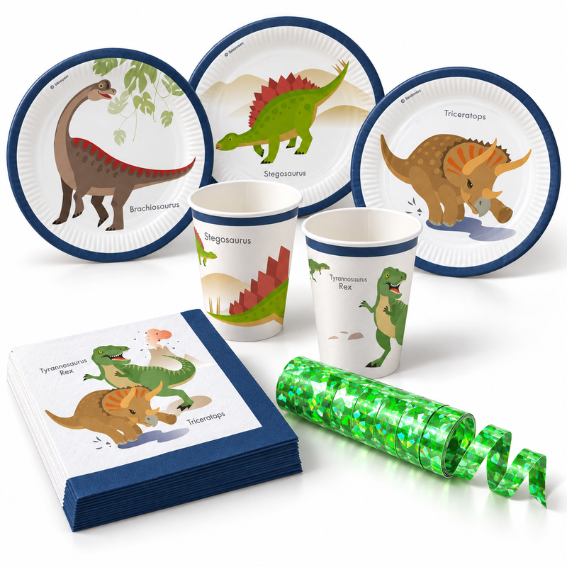 Deko-Beispiel aus dem Shop: Dinosaurier Partyset Kindergeburtstag Party Deko Einweggeschirr