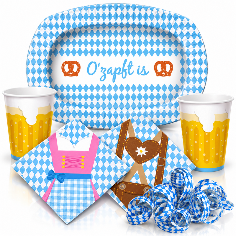 Partyset 183 tlg. Oktoberfest Partygeschirr Dekoration Wiesn Party Deko Set 60 Teller Becher Servietten