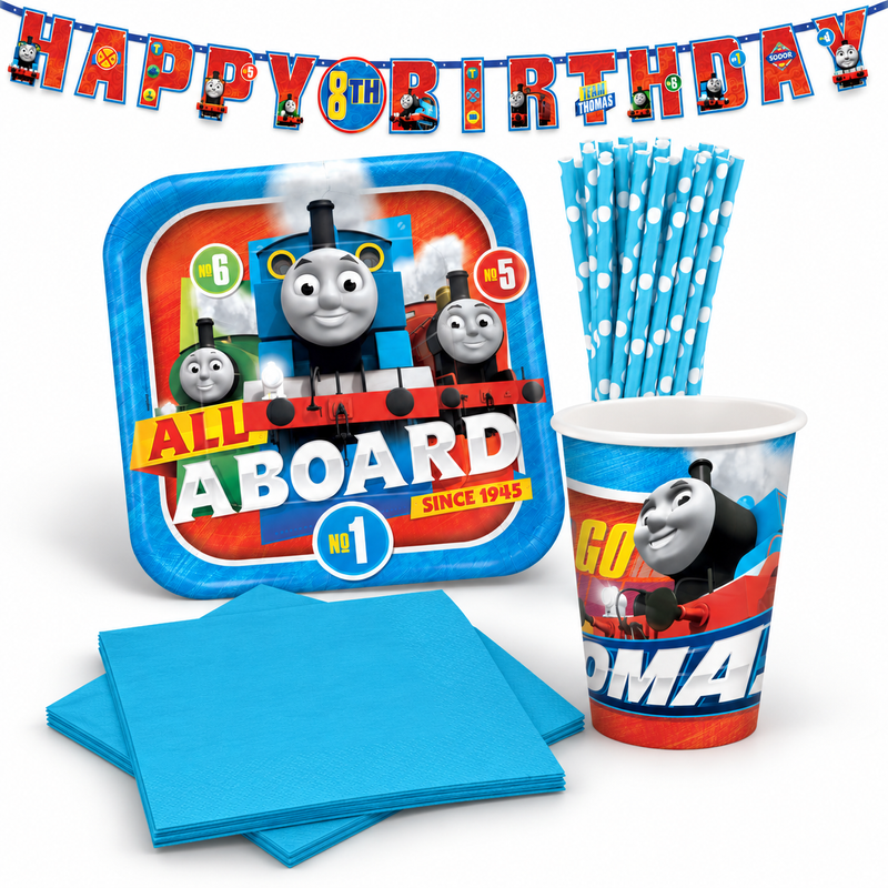 Deko-Beispiel aus dem Shop: Thomas die Lokomotive Partyset mit 8 großen Tellern und 20 türkis-blauen Servietten