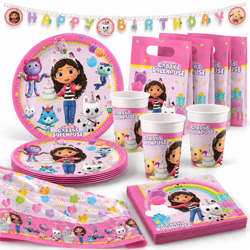 Deko-Beispiel aus dem Shop: Gabby's Dollhouse Partyset Kindergeburtstag 46-teiliges Set, Teller, Tischdecke, Becher, Servietten, Tüten, Banner, Geschirrset, Kindergeschirr