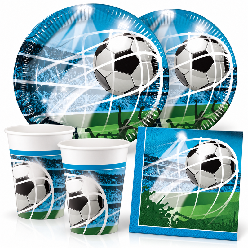 Partyset 52 tlg. Fußball Party Deko Geburtstag Einweggeschirr Weltmeisterschaft Teller Becher Servietten