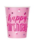 8 Becher Happy Birthday rosa & silber