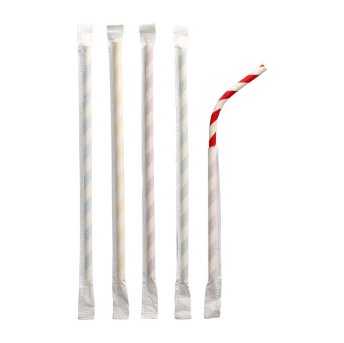 Trinkhalme, flexibel, Papier Ø 6 mm · 20 cm rot/weiss "Stripes" einzeln gehüllt