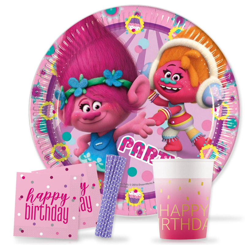 Deko-Beispiel aus dem Shop: Partyset Trolls Kindergeburtstag Einweggeschirr Party Deko Geburtstagsdeko Teller Becher Servietten