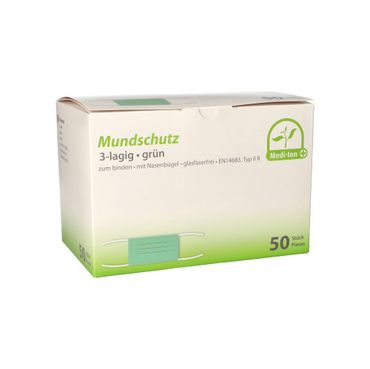 50 Medi-Inn® Mundschutz Type IIR, 3-lagig 9 cm x 17,5 cm grün mit Nasenbügel, zum Binden