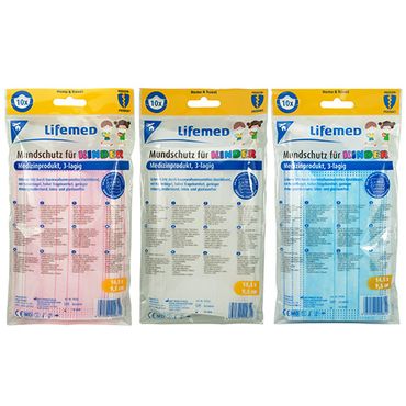 240 Lifemed Kinder-Mundschutz 3-lagig 9,5 cm x 14,5 cm farbig sortiert mit Nasenbügel