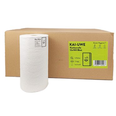 12 Rollen "Green Hygiene" Küchenrollen "KAI-UWE" Ø 13 cm · 22 cm x 24,7 cm 100 Blatt, 3-lagig