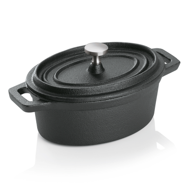 8x Cocotte schwarz Gusseisen 12,5 x 9,5 x 6,5 cm mit Deckel + 8x Holzuntersetzer