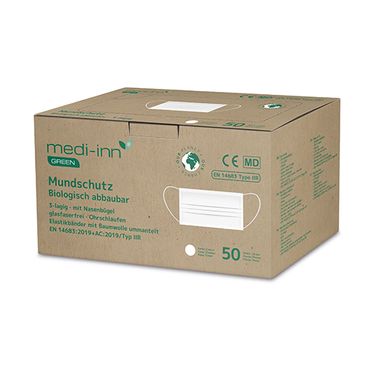 50 "Medi-Inn® GREEN" Mundschutz 9,5 cm x 17,5 cm weiss 3-lagig, biologisch abbaubar