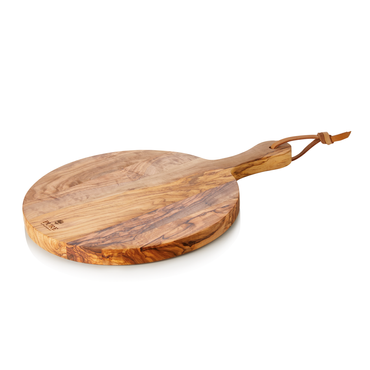 Servierbrett mit Griff PURE OLIVE, Ø 25 cm, Olivenholz mit Lederband