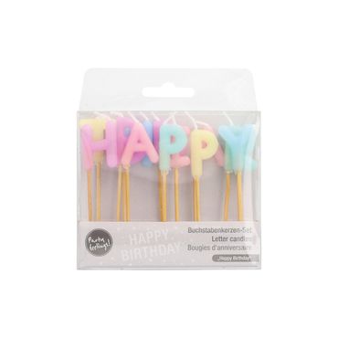 12x Buchstabenkerzen-Set pastell 8 cm "Happy Birthday"