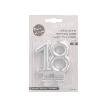 12 Jubiläumskerzen mit Halter 7 cm silber "18"