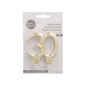 12 Jubiläumskerzen mit Halter 7 cm gold "30"