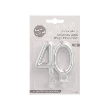 12 Jubiläumskerzen mit Halter 7 cm silber "40"