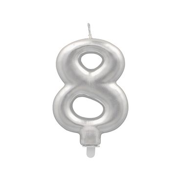 12 Zahlenkerzen mit Halter 7 cm silber "8"
