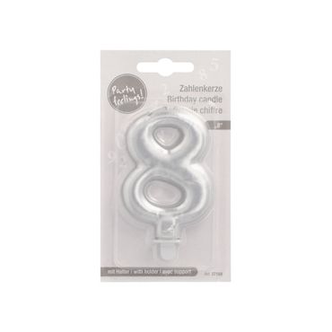 12 Zahlenkerzen mit Halter 7 cm silber "8"