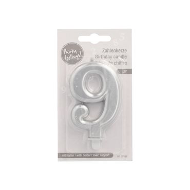 12 Zahlenkerzen mit Halter 7 cm silber "9"