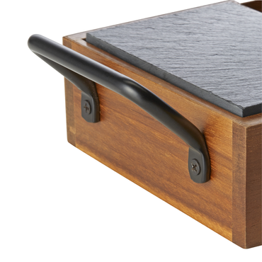 4x Naturschieferplatten Set Slate & Serve, 24 x 15 x 5,5 cm, 3 Schieferplatten und Brot- und Butterkorb, Akazienholz, Schiefer