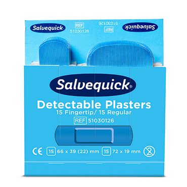 6 Set "Cederroth" Salvequick Detectable Pflaster (2 x 15 Stück) blau Fingertip & Standard, Refill