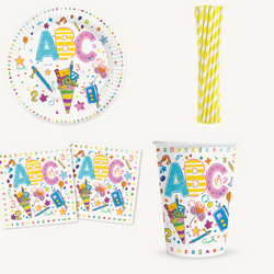 pl7136_globos_abc_einschulung_partyset_2500 48689-ABC-Einschulung-Partyset--8-Pappteller-23-cm--8-Pappbecher-210-ml--20-3-lagige-Servietten-33-x-33-cm--12-Trinkhalme-gelb-gestreift_1.png