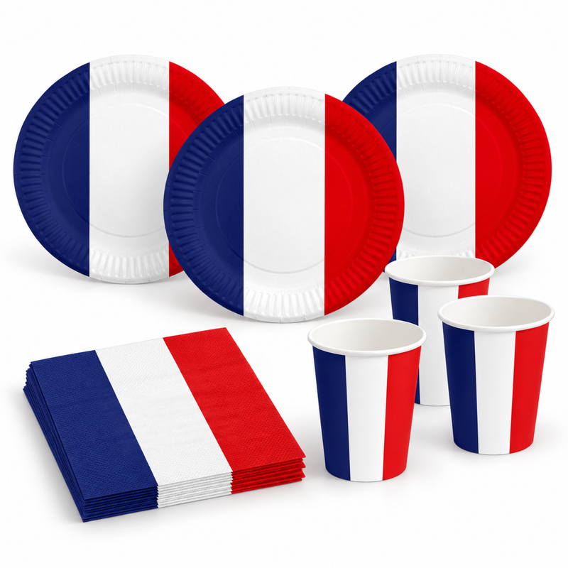 Frankreich Partyset, 16 Pappteller 23 cm, 16 Pappbecher 210 ml, 20 3-lagige Servietten 33 x 33 cm