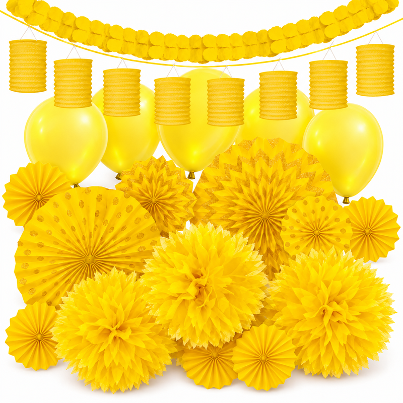 PL7413-Deko-Set-Gelb-19-teilig 61676-Party-Deko-Set-Gelb-19-teilig-mit-5-LED-Ballons--9-Faechern--3-Fluffy-Dekobaellen-und-Girlanden.png