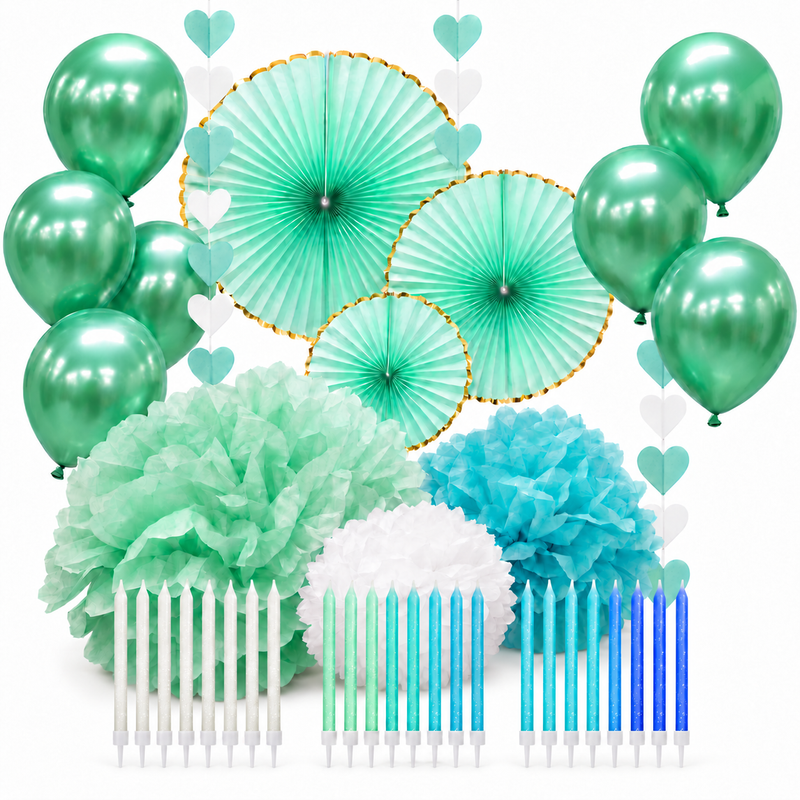 PL7418 Mint-Set Kerzen aufrecht 61681-Party-Deko-Set-Mint-Tuerkis-Weiss-mit-Pompons--Goldrand-Faechern--Glossy-Ballons--Herz-Haengern-und-Glitzer-Kerzen_1.png