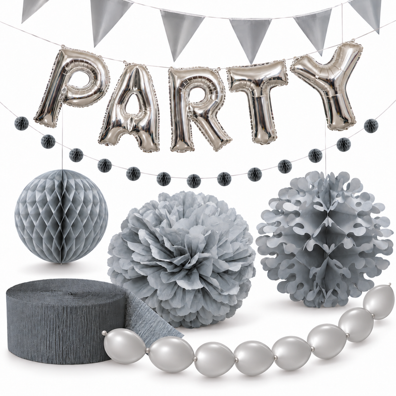 PL7423-Deko-Set-Silber-PARTY-Ballons-Pompon-Wabenball-Dekoball-Girlanden-Kreppband 61686-Party-Deko-Set-Silber-mit-PARTY-Folienballons--8-Kettenballons--Pompon--Wabenball--Dekoball-und-Girlanden.png