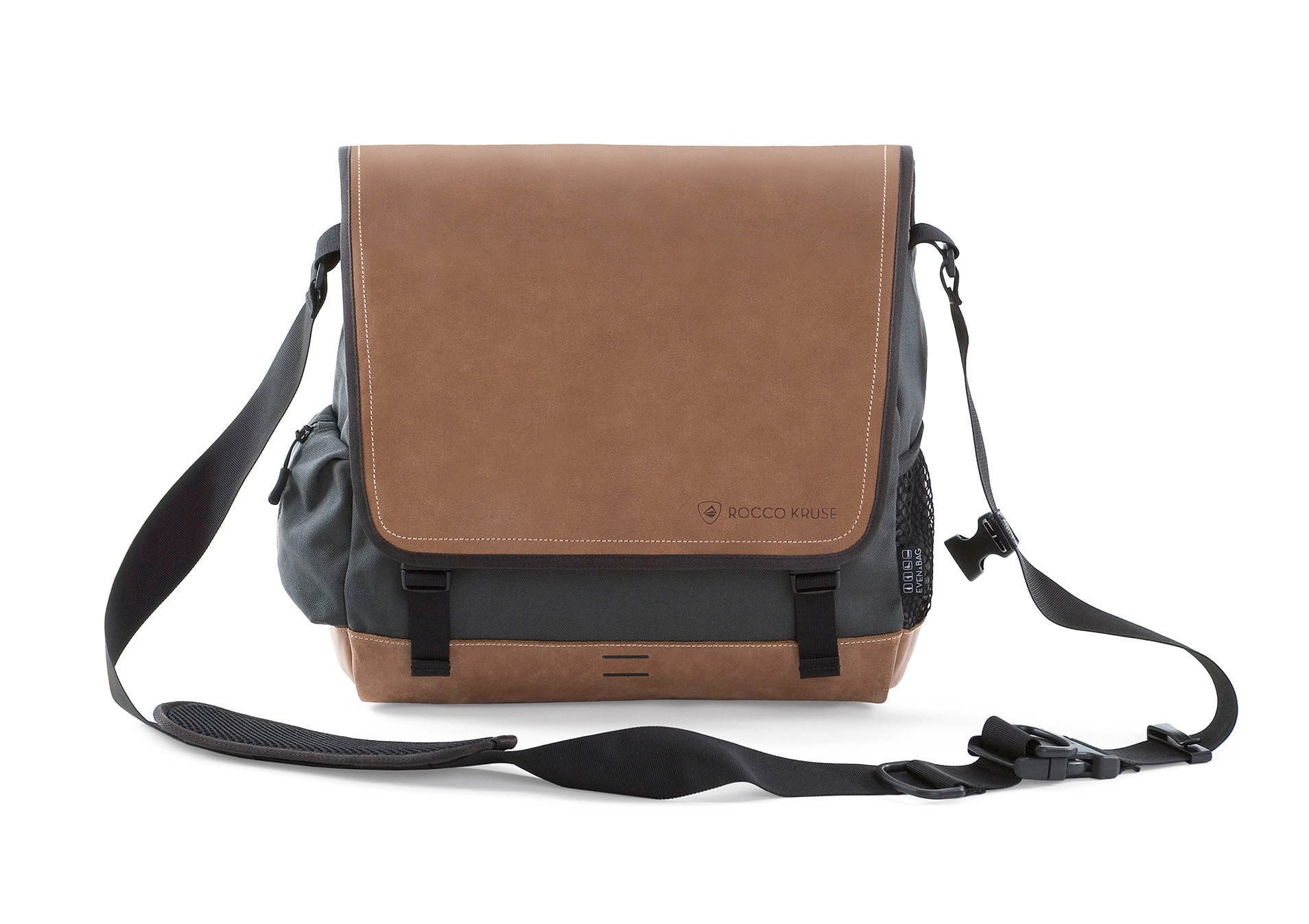 Multifunktionale Umhängetasche EVENaBAG aus braunem Leder und grauem Cordura, geschlossen, Frontansicht