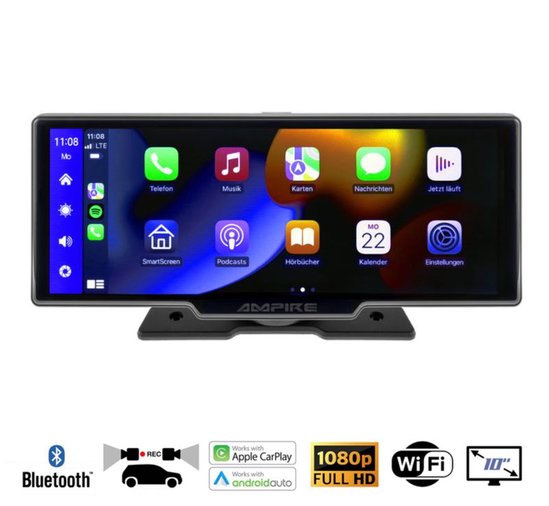 AMPIRE CPM101 Smartphone Monitor 25,4cm (10'') mit Dual Dashcam und Rückfahrkamera