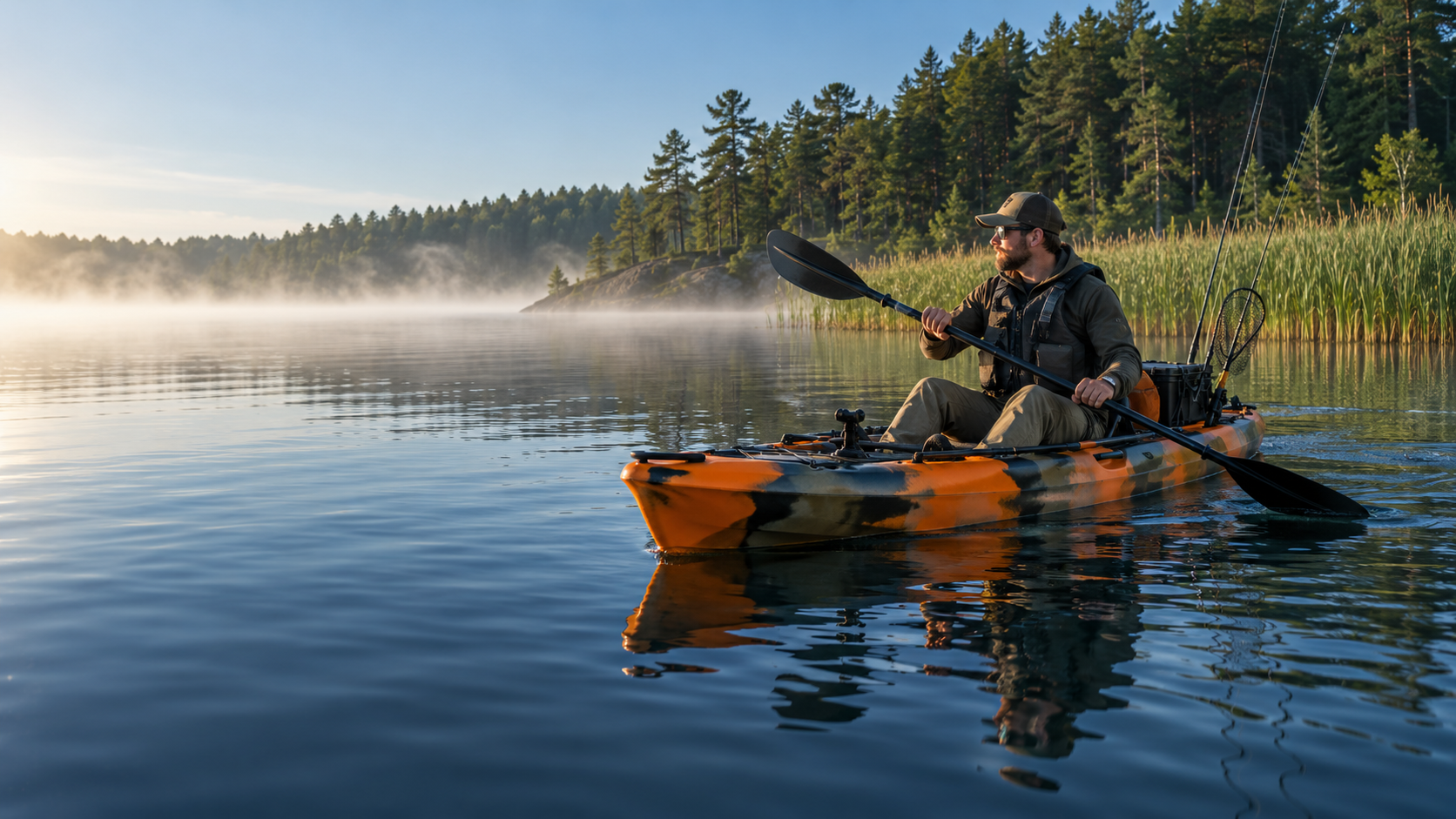 Angler im Angelkajak auf einem ruhigen See