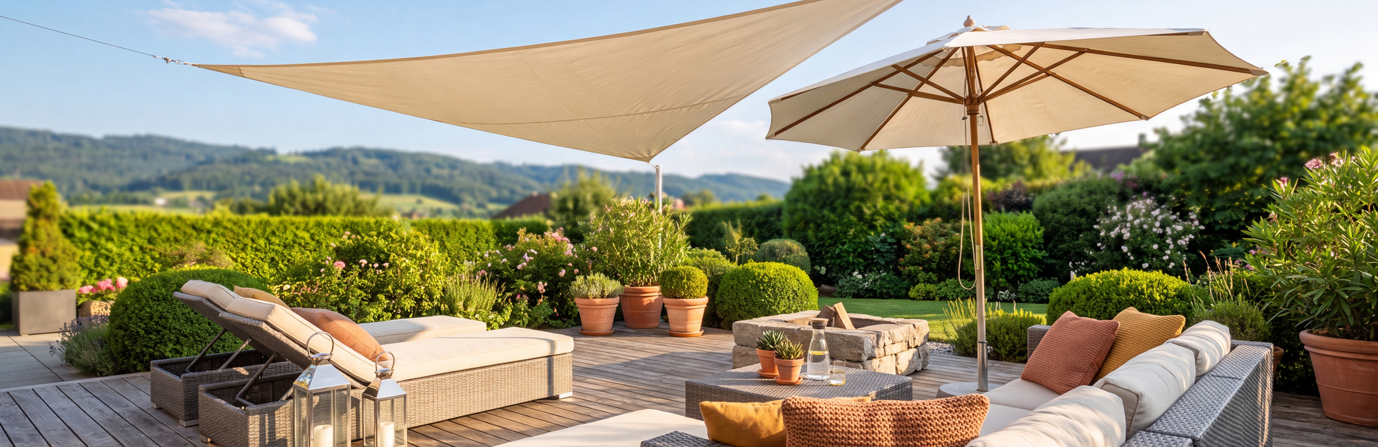 Garten mit Sonnensegel, Sonnenschirm und Gartenmöbeln bei swisshandel24