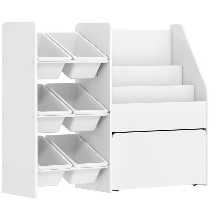 Spielzeugregal mit 6 Behältern, Bücherablage und rollbarer Box für das Kinderzimmer