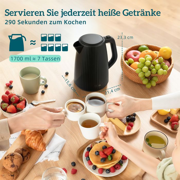 1,7L Schnellkoch-Wasserkocher und Toaster-Set, Eierkocher für 6 Eier mit Kontrollleuchte Schwarz