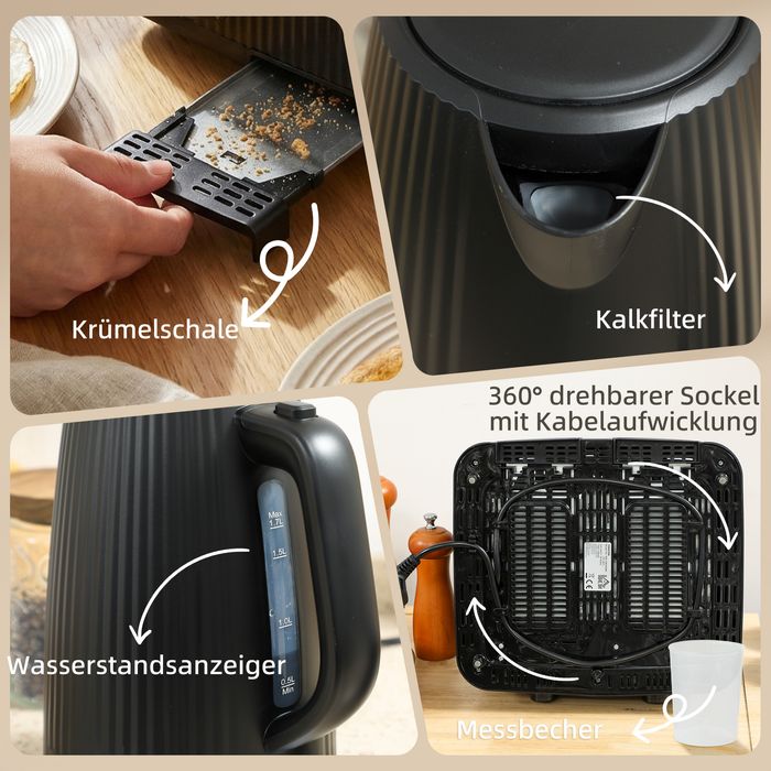 1,7L Schnellkoch-Wasserkocher und Toaster-Set, Eierkocher für 6 Eier mit Kontrollleuchte Schwarz
