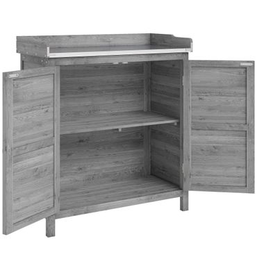 Gartenschrank, Pflanztisch, Holz Geräteschuppen, verzinkte Arbeitsplatte, Regalböden, Grau