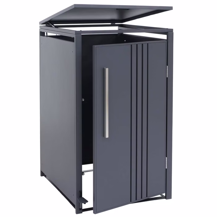 Anthrazitfarbene 1er-Mülltonnenbox aus Metall mit Tür, Deckel und Fusspedal