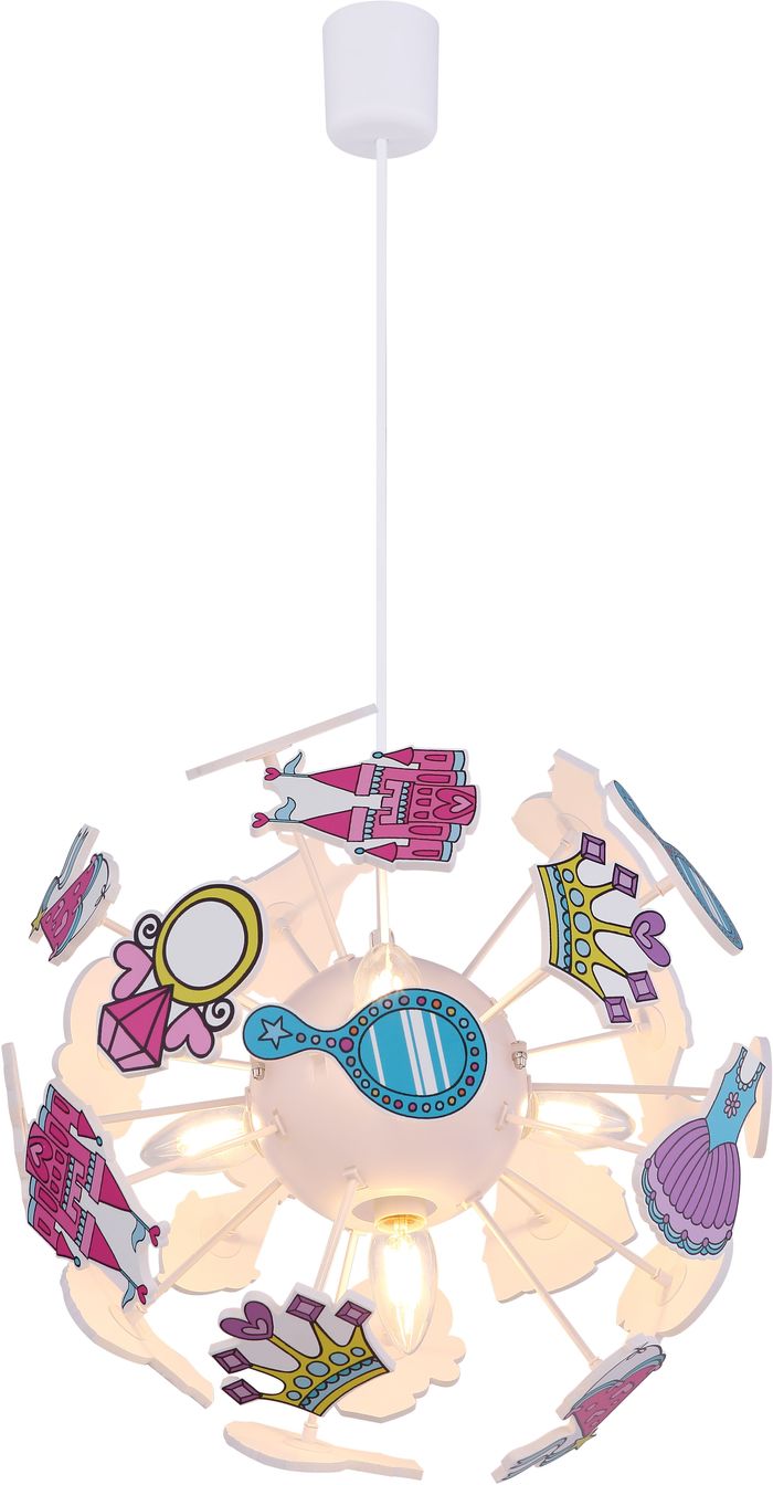 Hängelampe LURRA Kinderzimmerlampe mit bunten Motiven, Schlössern und Kronen