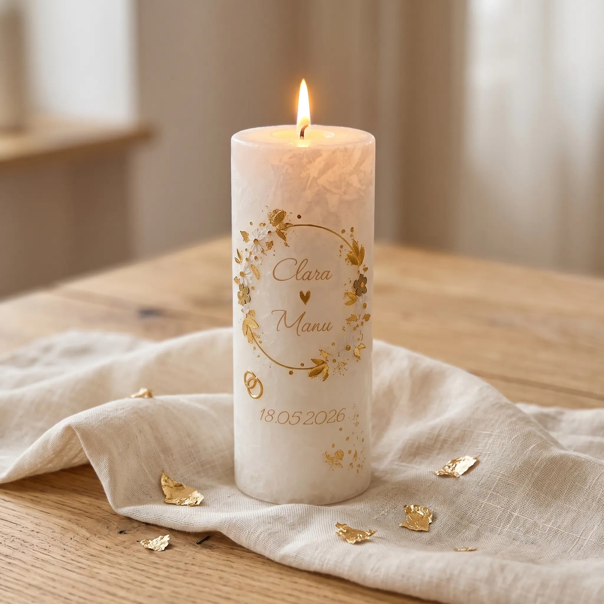 Hochzeitskerze kristallwachs blattgold mit ringen und namen und datum