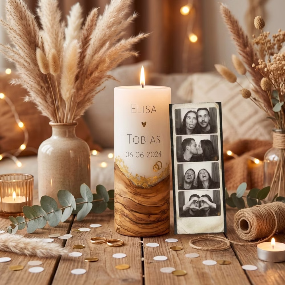 Hochzeitskerze mit Holzfuß und Blattgold-Akzent, goldenem Ring-Symbol, personalisiert mit Namen und Datum