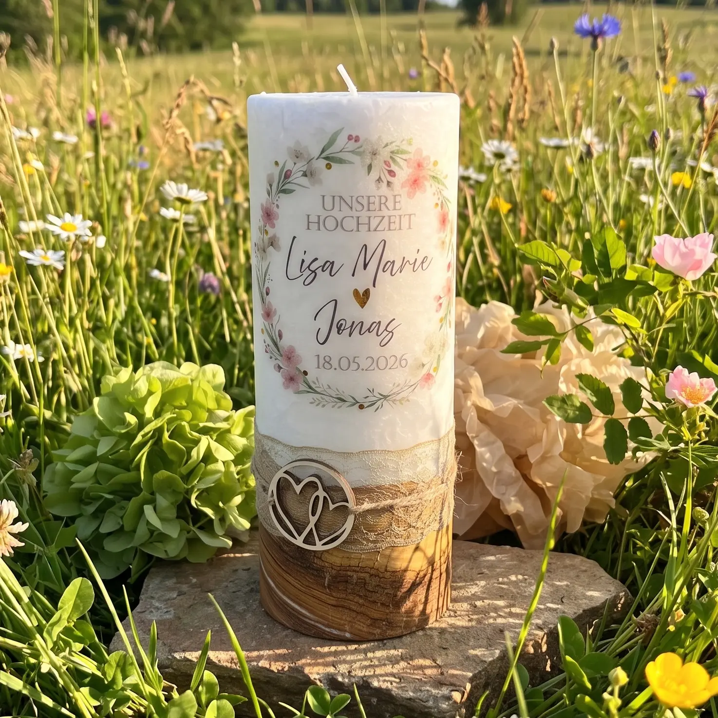 Hochzeitskerze mit Holzfuß, Blütenkranz und herzförmigem Holzanhänger, personalisiert mit Namen und Datum