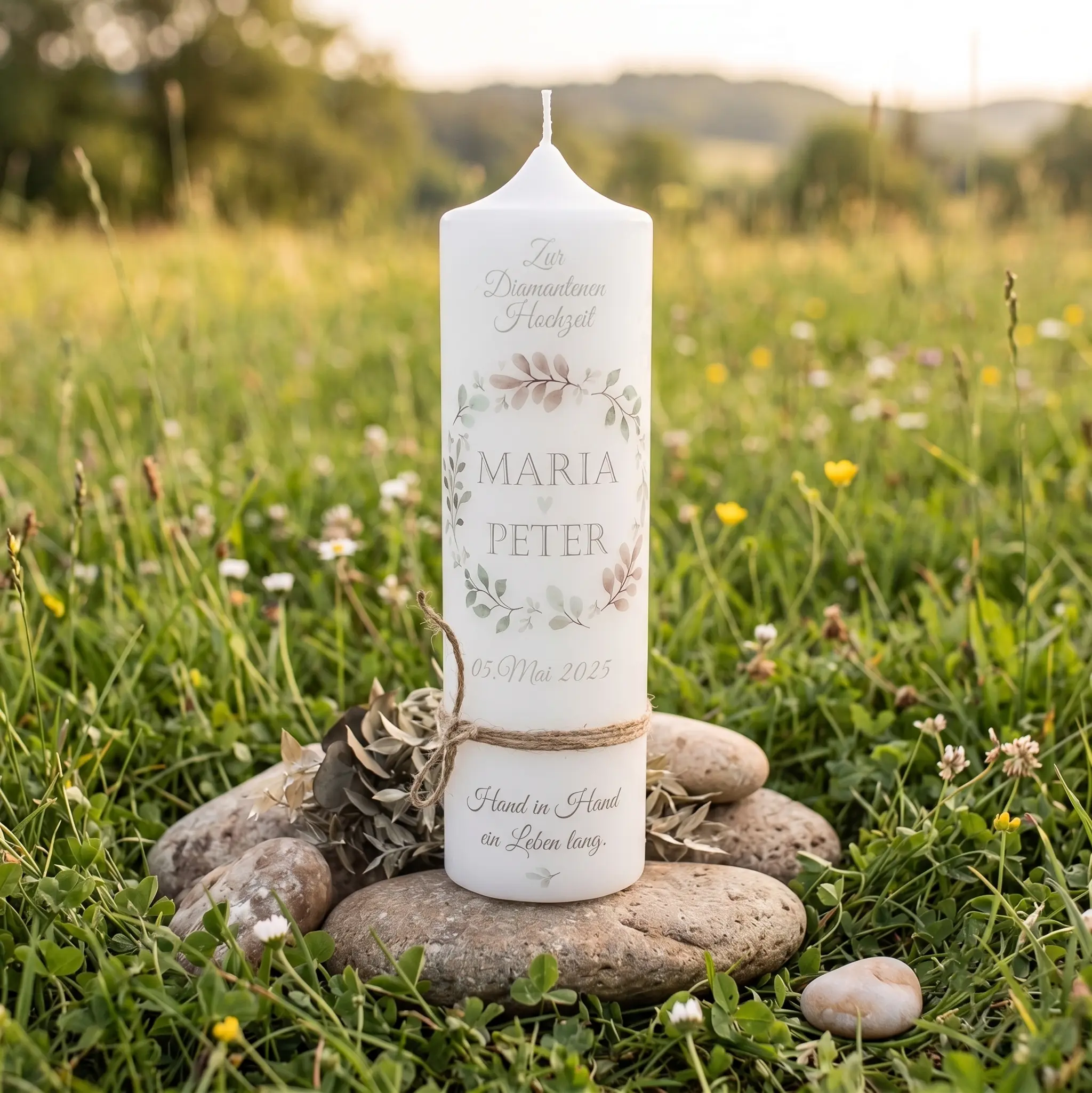 Kerze zur diamantenen Hochzeit mit Blätterranken, Jute-Schleife und Spruch, personalisiert mit Namen und Datum